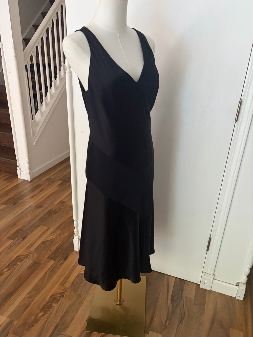 Vintage Black Slip V-Neck & Back Diagonal Satin Panels Midi Dress, 16, EUC